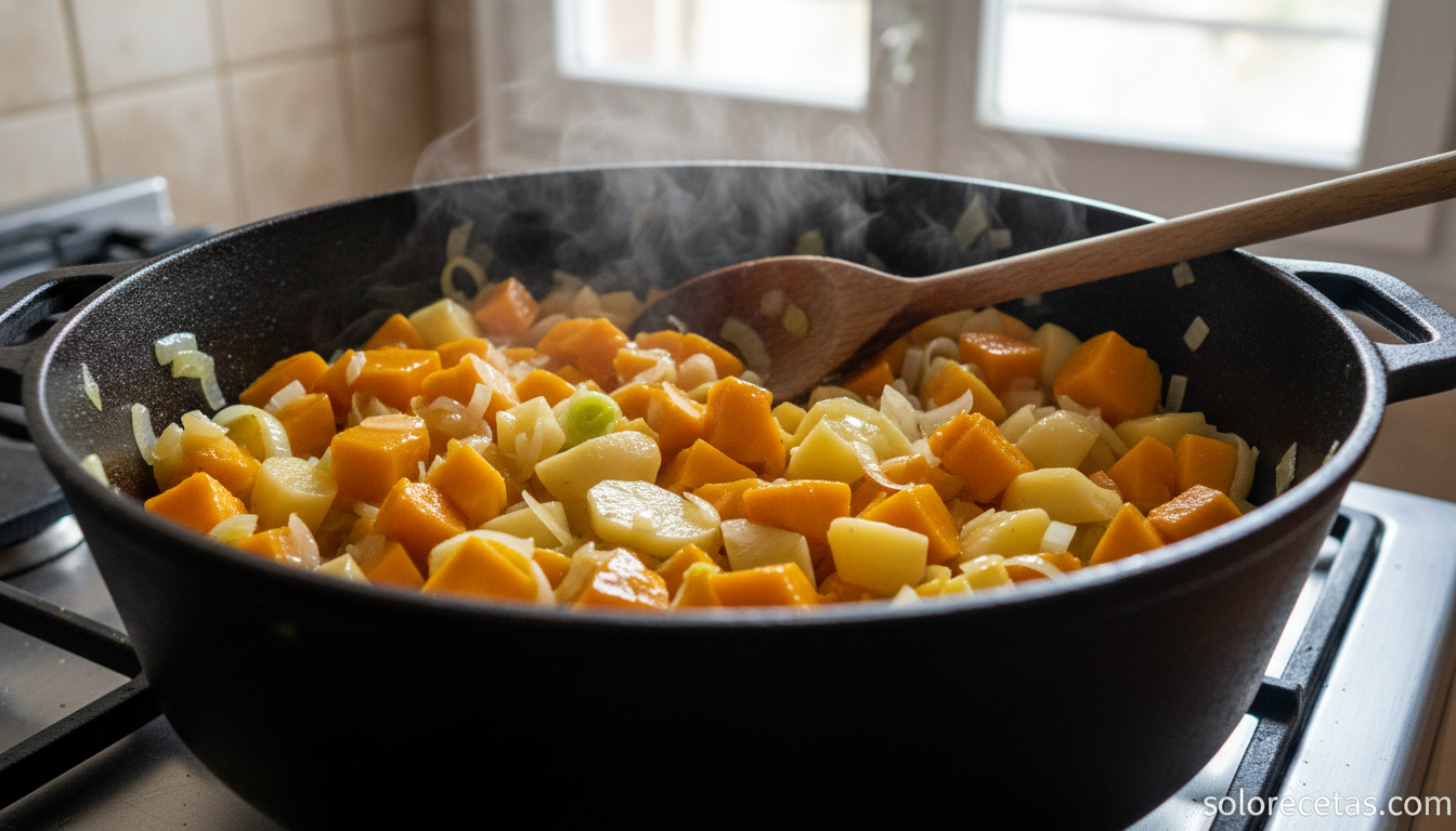 Cubos de calabaza y patata pochándose en la olla con cebolla y puerro