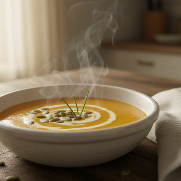 Crema de calabaza con patata servida en bol rústico con pipas y nata