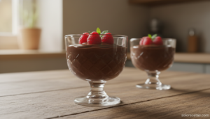 Crema de chocolate casera servida en copa con frambuesas