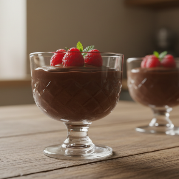 Crema de chocolate casera servida en copa con frambuesas