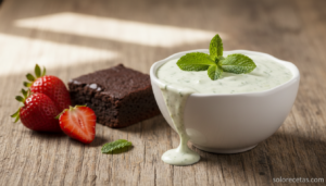 Crema de menta casera servida en bol con fresas y brownie