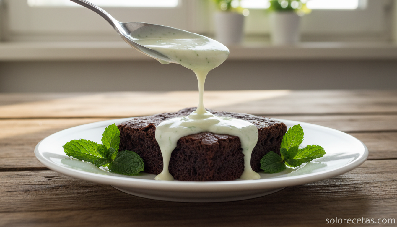 Crema de menta casera servida sobre brownie de chocolate