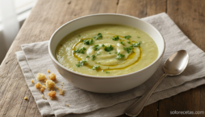 Crema de patata, pimiento verde y bacalao servida en cuenco blanco con perejil y pan tostado