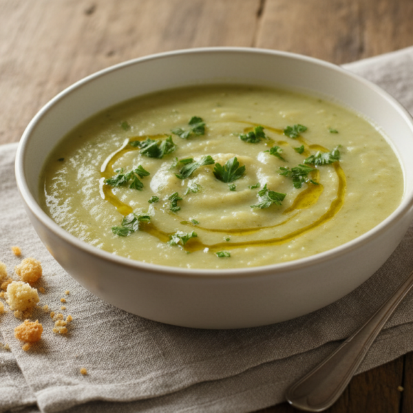 Crema de patata, pimiento verde y bacalao servida en cuenco blanco con perejil y pan tostado
