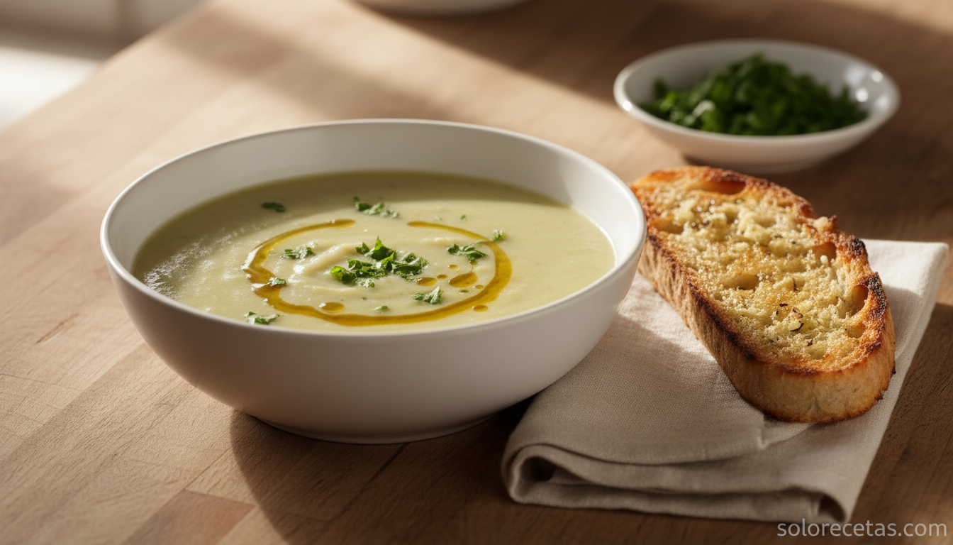 Crema de patata pimiento verde y bacalao servida con pan tostado y perejil