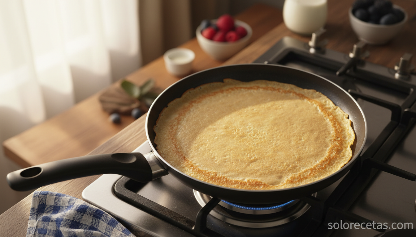 Crepes salados caseros: receta de masa básica y rellenos 1 Crepe cocinándose en sartén antiadherente con masa cubriendo el fondo