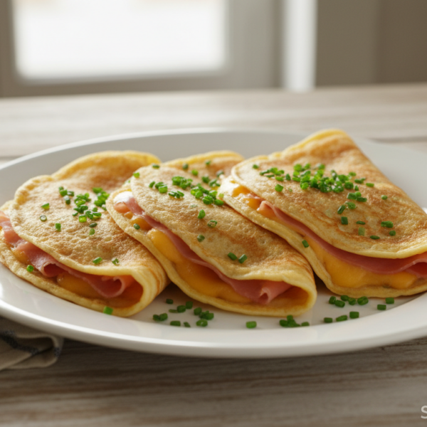 Crepes salados rellenos de jamón y queso doblados en cuartos