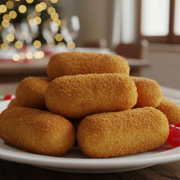 Croquetas de Navidad caseras doradas servidas en plato blanco con romero