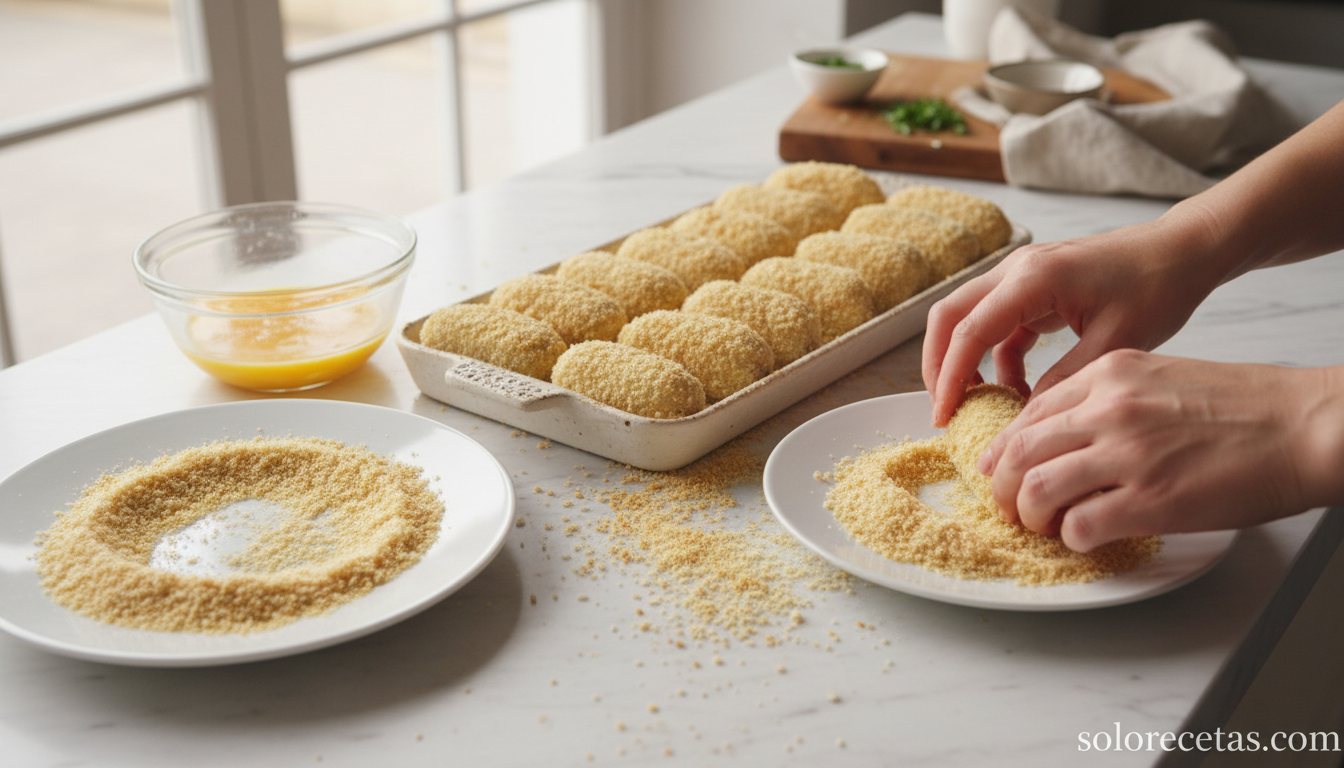 Croquetas de acelgas y calabacín: receta casera cremosa con piñones 3 Croquetas empanadas listas para freir sobre bandeja blanca