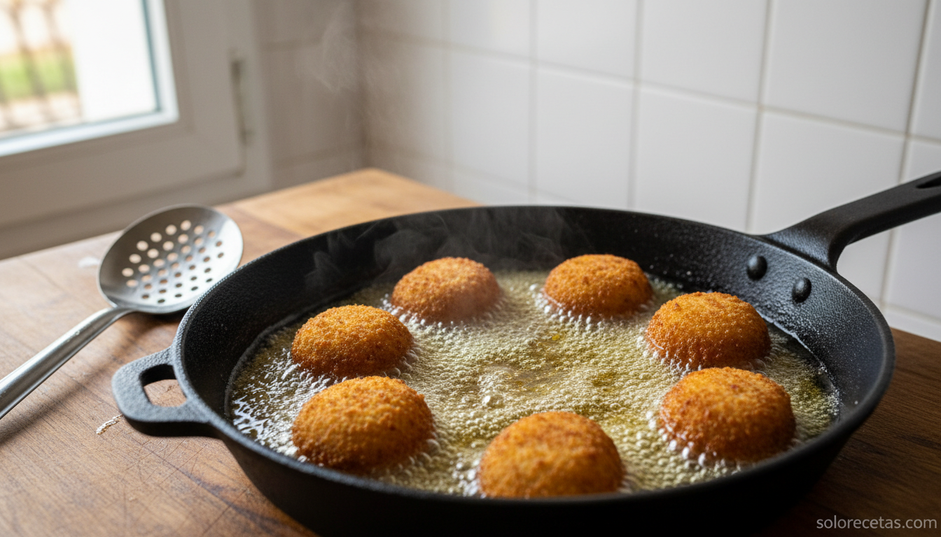 Croquetas de Navidad friendose en aceite de oliva en sarten honda doradas