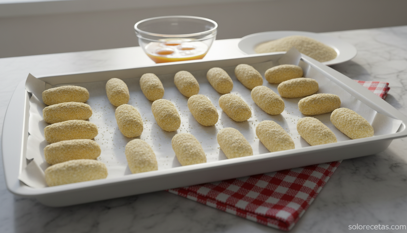 Croquetas de Navidad crudas formadas y rebozadas en pan rallado en bandeja