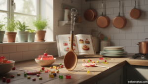 Cuchara catapulta para luchas de comida sobre encimera de cocina