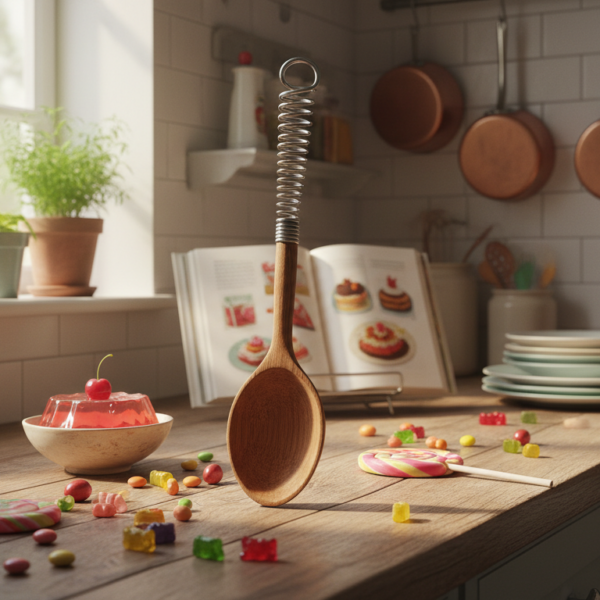 Cuchara catapulta para luchas de comida sobre encimera de cocina