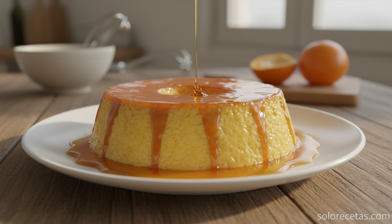 Tocino de naranja desmoldado con almíbar cayendo en cascada sobre el plato