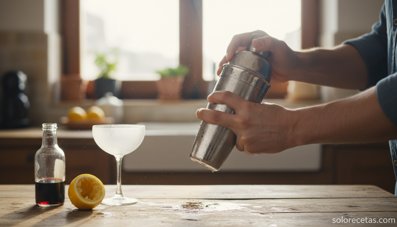 Coctelera siendo agitada enérgicamente para preparar el Pink Lady con la técnica dry shake