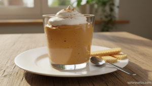 Dulce de leche condensada casero servido en copa de cristal con nata montada y canela