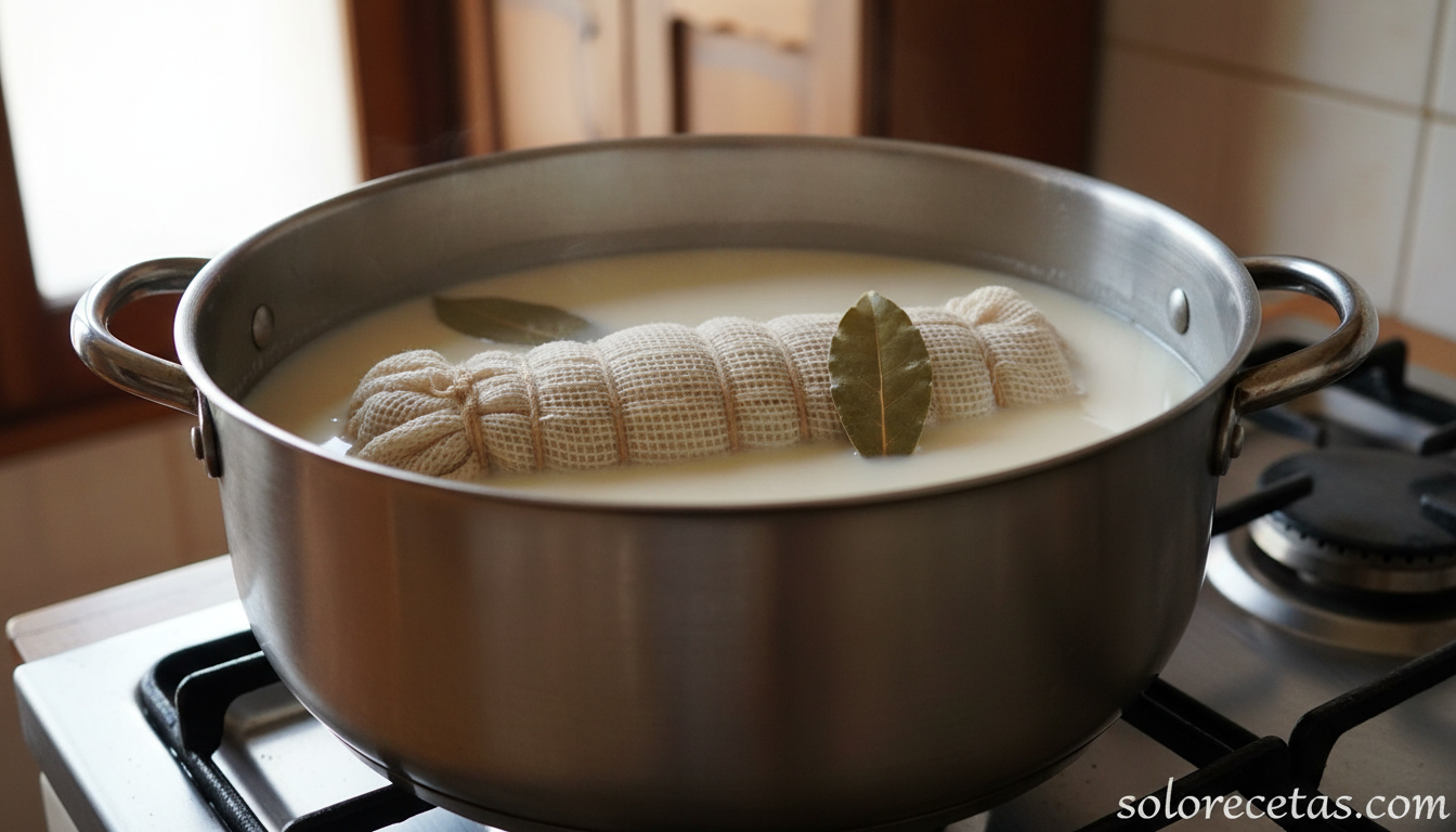 Rulo de carne cociendo en una cazuela con leche y hojas de laurel