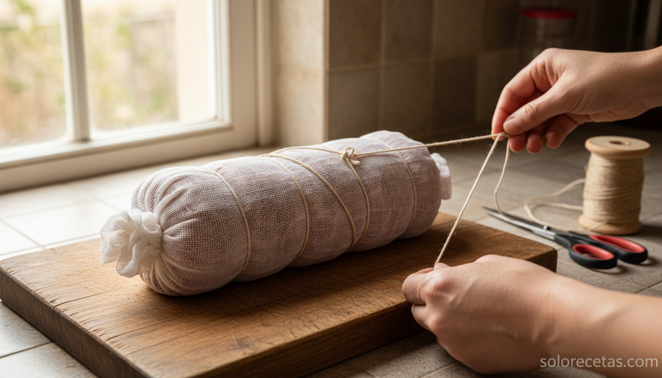 Rulo de carne envuelto en gasa y atado con cordel sobre tabla de madera