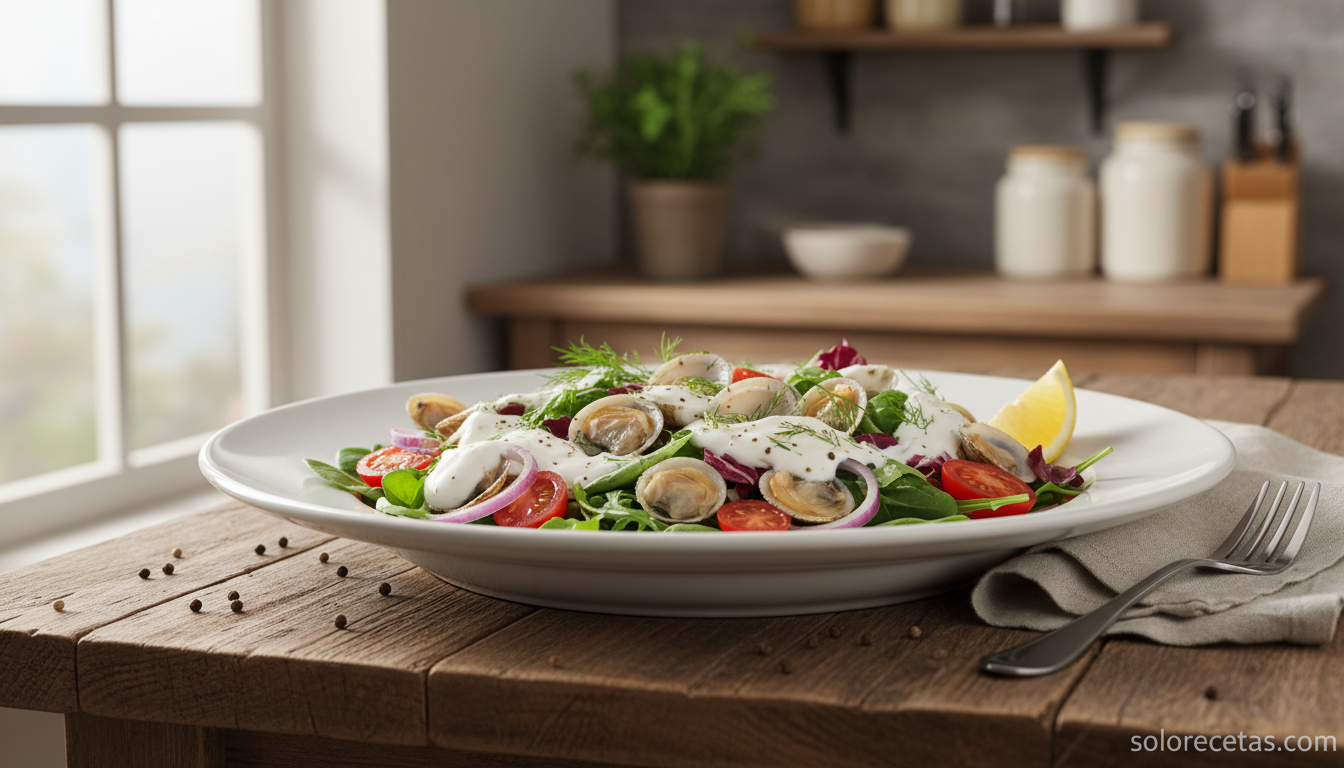 Ensalada de berberechos emplatada con salsa de yogur, eneldo y rodaja de limon