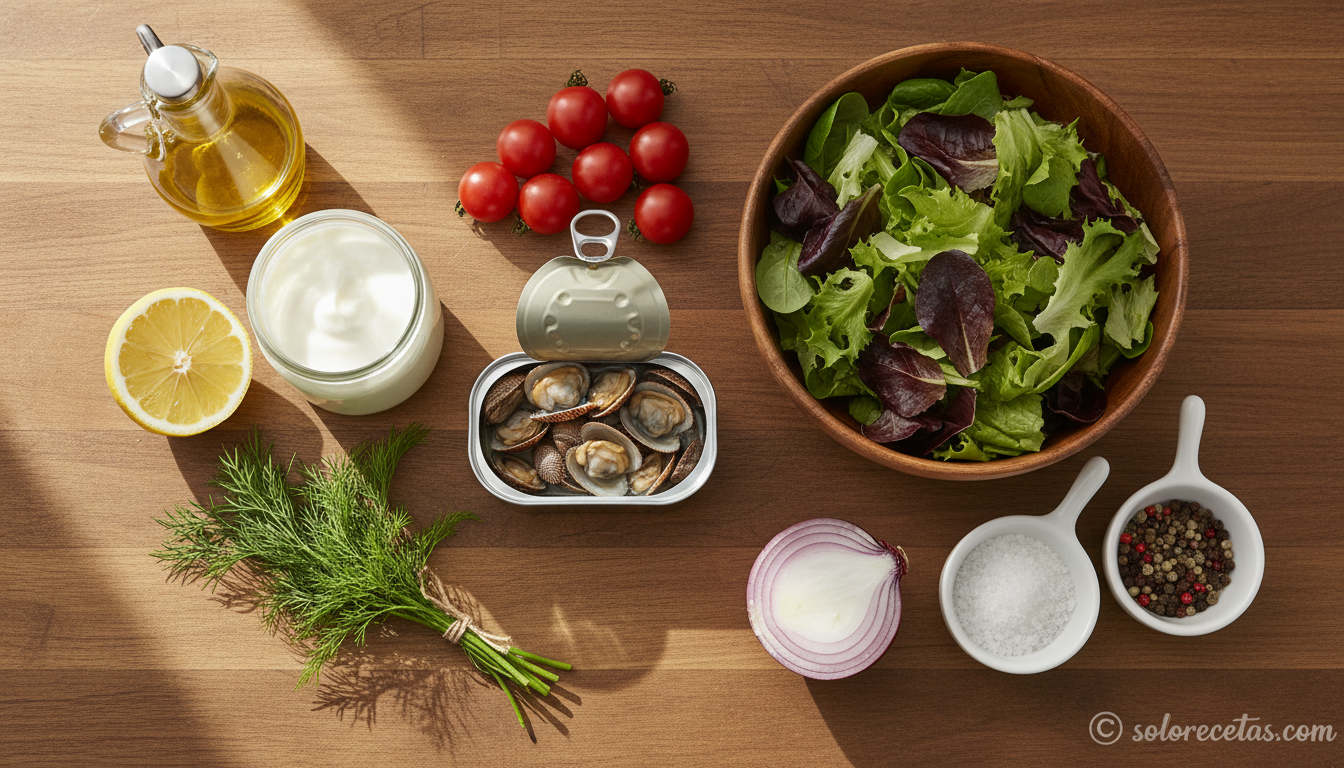 Ingredientes para la ensalada de berberechos: lata de berberechos al natural, yogur, limon, eneldo, lechuga, tomates cherry y cebolla morada