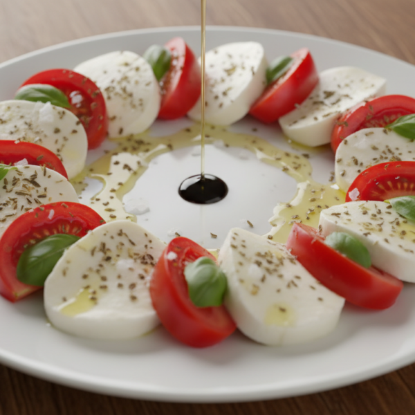 Ensalada caprese de mozzarella fresca y tomates cherry con albahaca