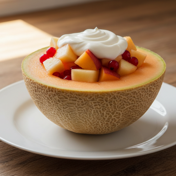 Ensalada de melón rellena con frutas frescas y yogur