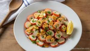 Ensalada de palitos de mar al ajillo servida en plato blanco con perejil y limón