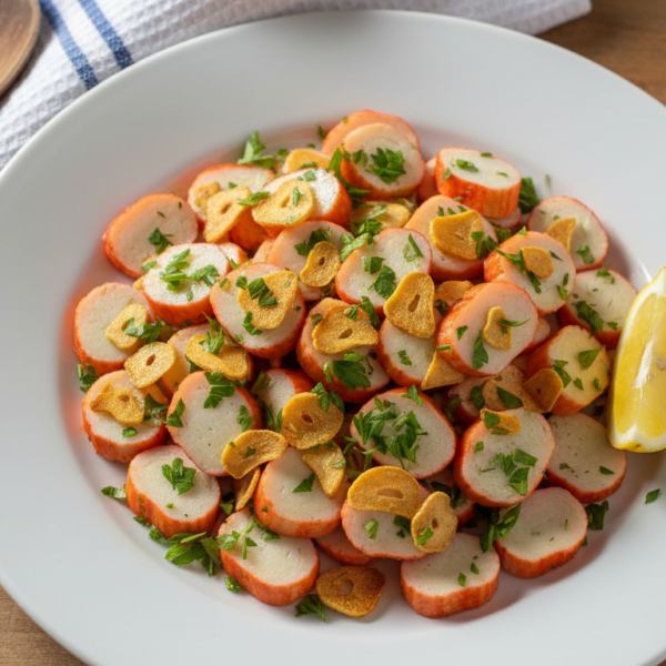 Ensalada de palitos de mar al ajillo servida en plato blanco con perejil y limón
