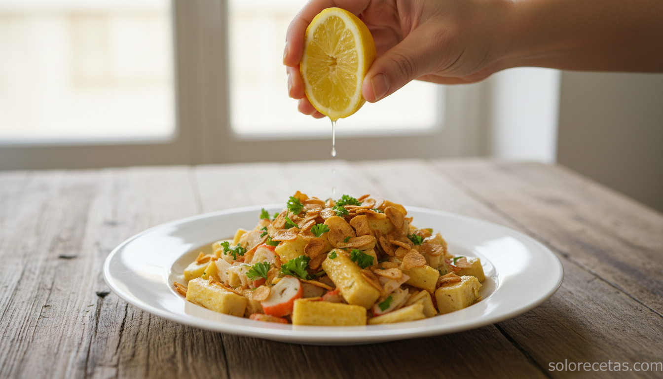 Toque final de limón y perejil sobre la ensalada de palitos de mar