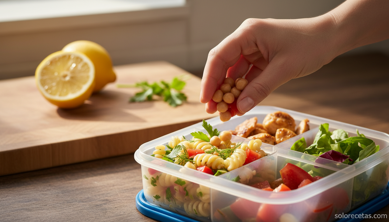 Ensalada de pasta y garbanzos preparada en una fiambrera para llevar al trabajo