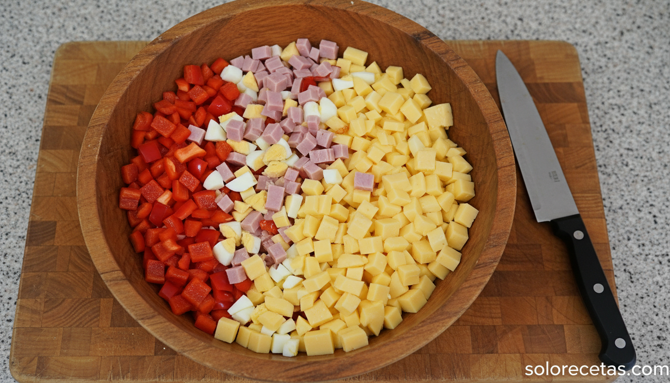 Cubos uniformes de pimiento rojo, jamón, queso y huevo en bol sobre tabla