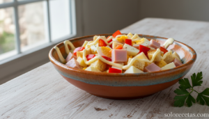 Ensalada de pimientos y jamón con queso, huevo y picatostes en bol