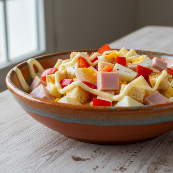 Ensalada de pimientos y jamón con queso, huevo y picatostes en bol