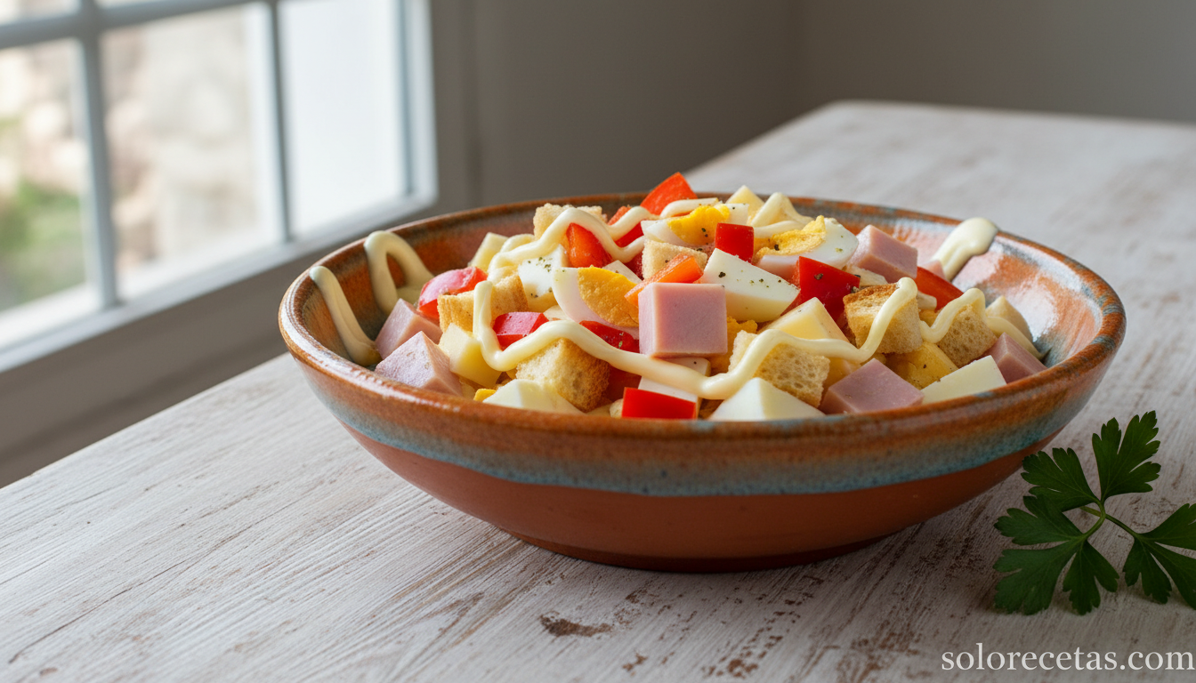 Ensalada de pimientos y jamón con queso, huevo y picatostes en bol