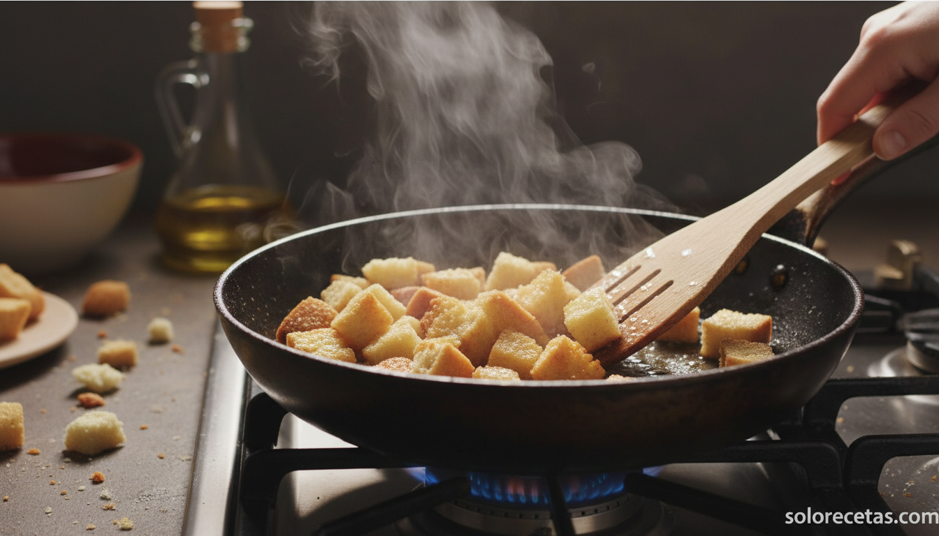 Picatostes de pan de molde dorándose en sartén con aceite de oliva