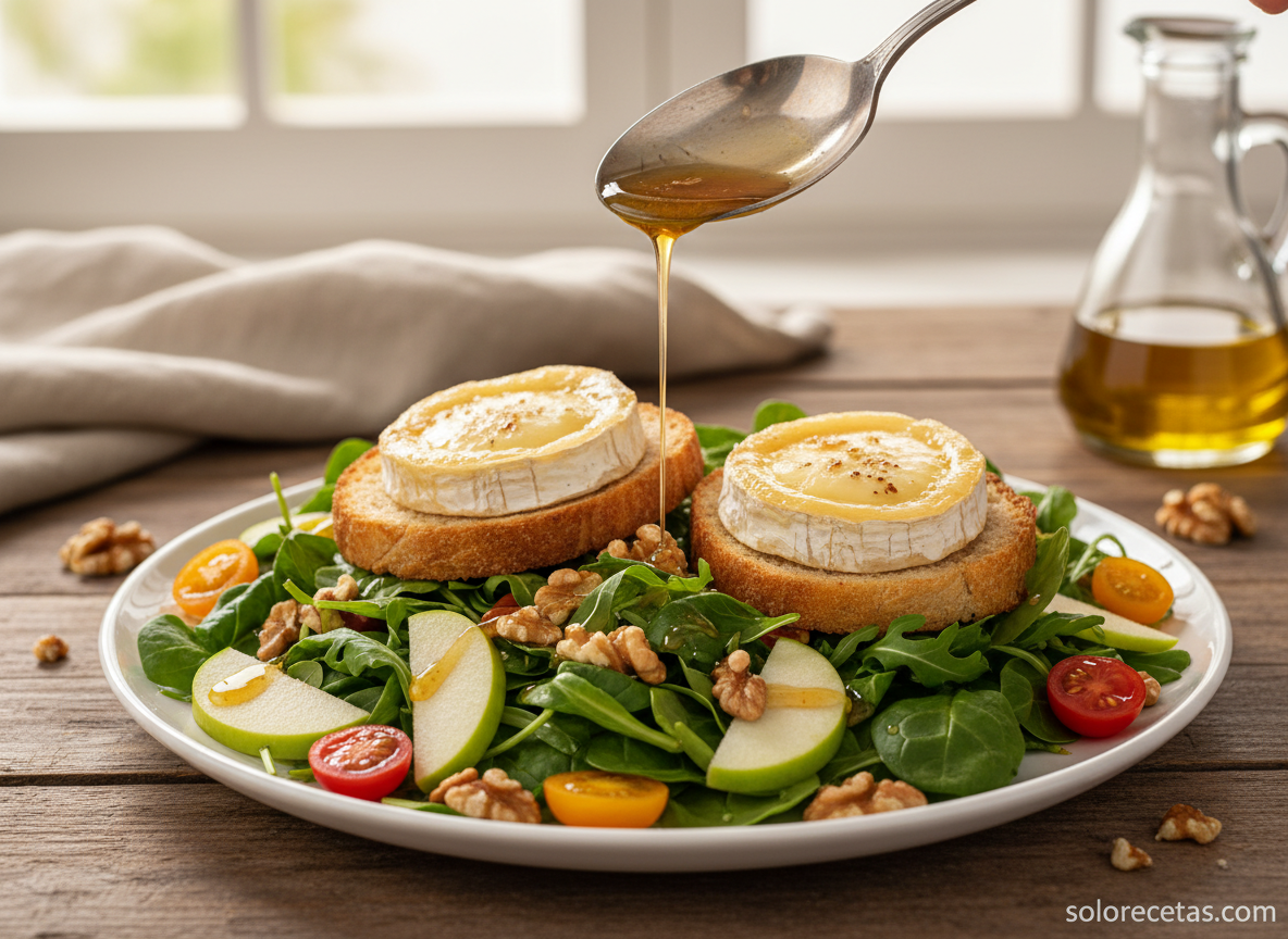 Ensalada de queso de cabra y nueces emplatada con vinagreta encima