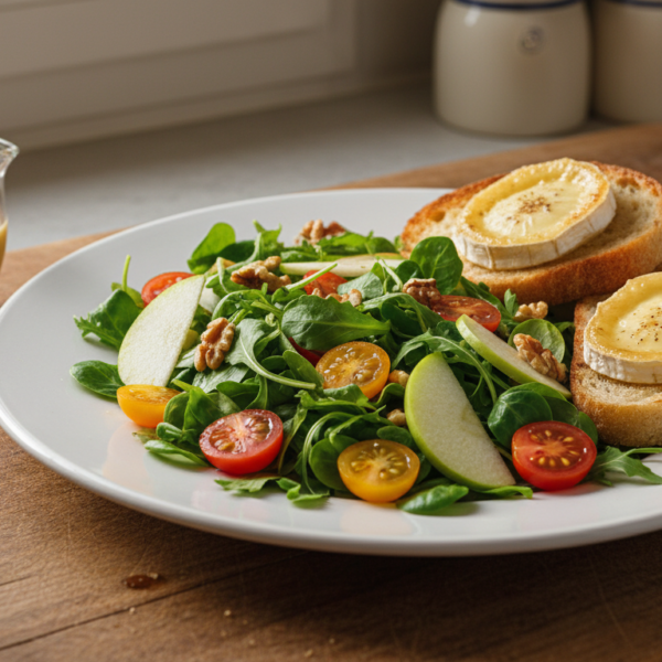 Ensalada de queso de cabra y nueces servida en un plato blanco con vinagreta de miel