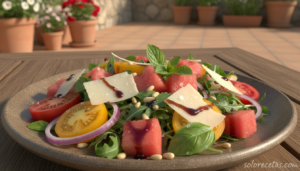 Ensalada de sandia con tomate rucula albahaca y escamas de parmesano
