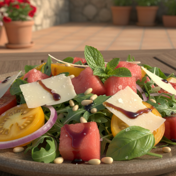 Ensalada de sandia con tomate rucula albahaca y escamas de parmesano