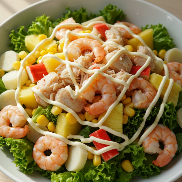 Ensalada tropical de cangrejo y gambas con piña, maíz y palmitos