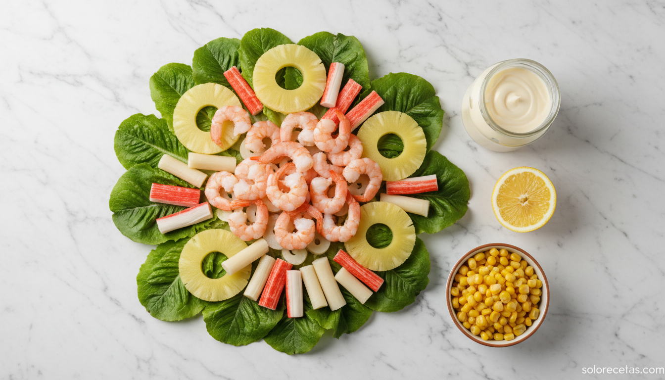 Ingredientes de la ensalada tropical: lechuga, gambas, cangrejo, piña, maíz y palmitos