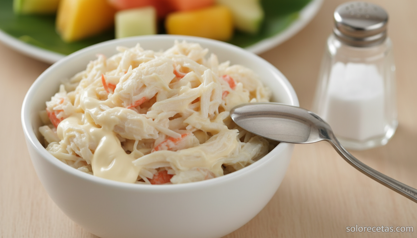 Cangrejo desmenuzado mezclado con mayonesa para la ensalada tropical