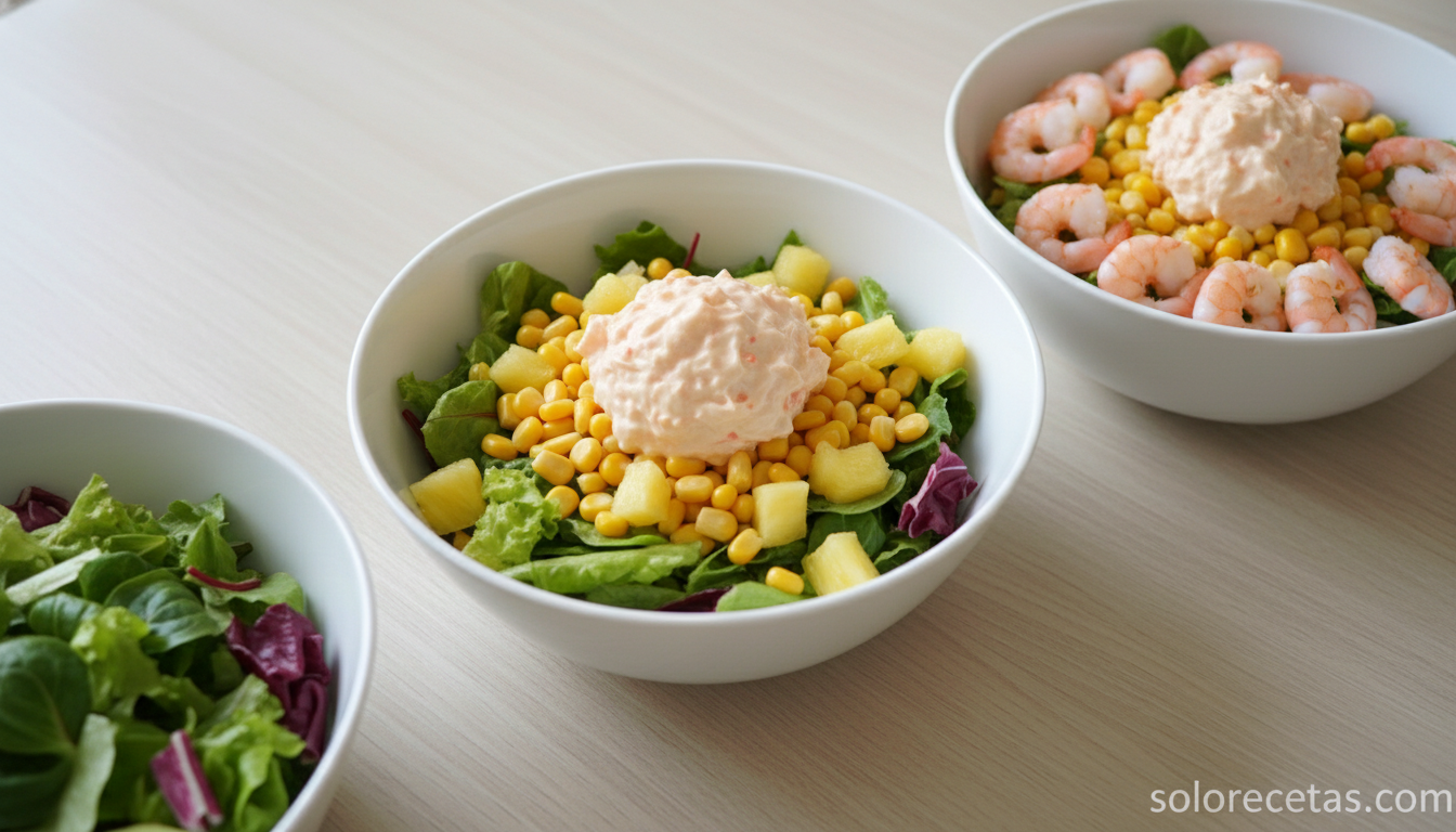 Montando la ensalada tropical en boles individuales con todos los ingredientes