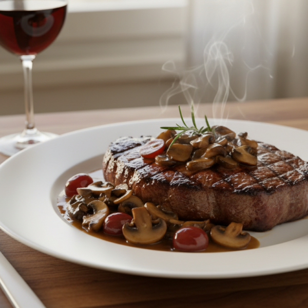Entrecot con setas en salsa de vino tinto servido en plato blanco