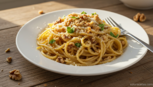 Plato de espaguetis con nueces con mantequilla tostada y pan rallado dorado