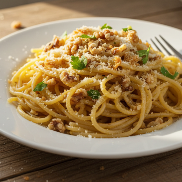 Plato de espaguetis con nueces con mantequilla tostada y pan rallado dorado