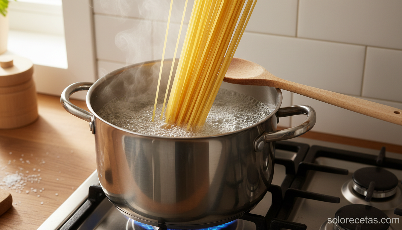 Medidor de espaguetis de diseño: el utensilio que calcula la cantidad justa 2 Espaguetis cayéndo en olla con agua hirviendo y sal