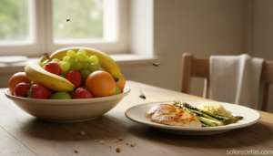 Moscas cerca de la comida en una cocina casera durante el verano