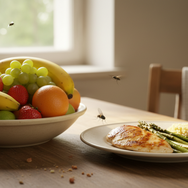 Moscas cerca de la comida en una cocina casera durante el verano