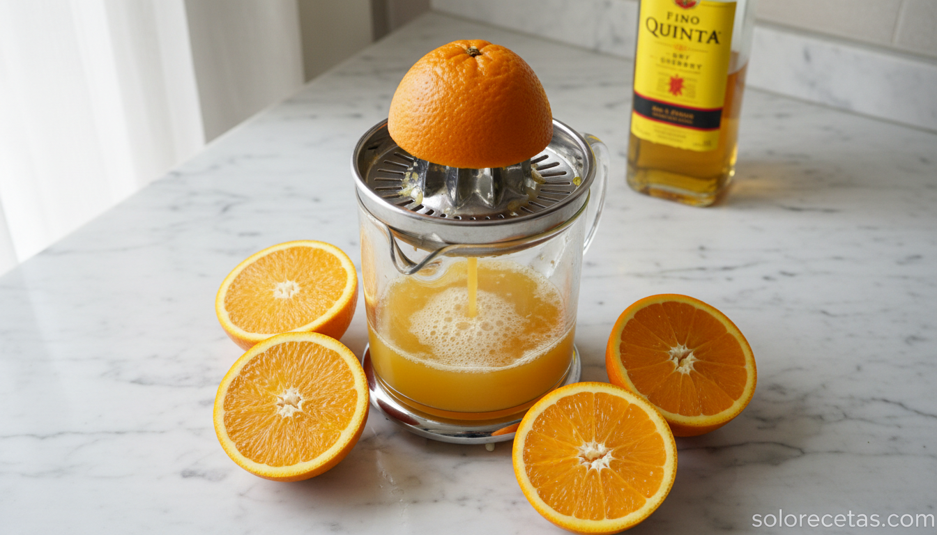 Zumo de naranja recién exprimido junto a botella de jerez fino